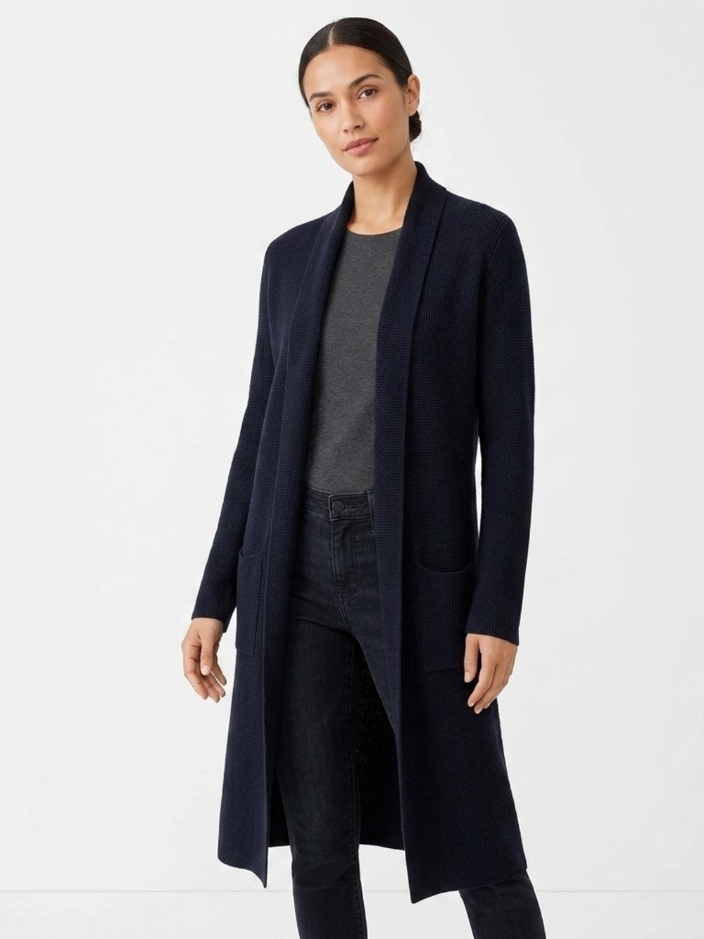 Guilty Long Open-Front Black  Cardigan with Shawl Collar  Size Med